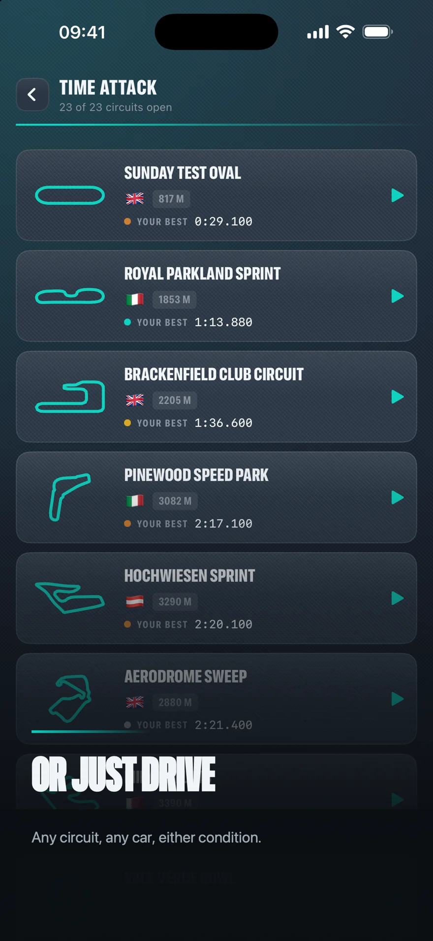 The Time Attack circuit list, each row a circuit silhouette and a personal best